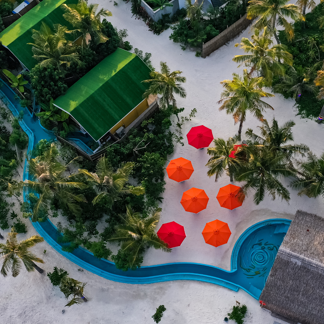 Birds eye view of a beautiful, sandy Maldives Island.
